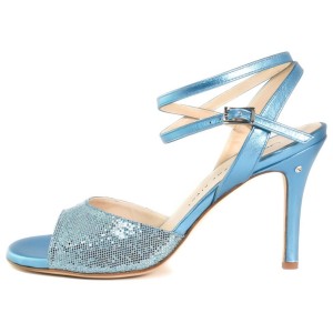 CHERIE Blue glitter lace and laminated leather